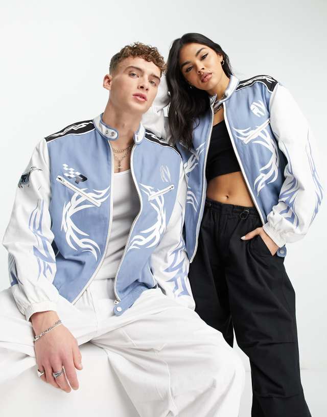Reclaimed Vintage unisex canvas tattoo print motocross jacket in blue