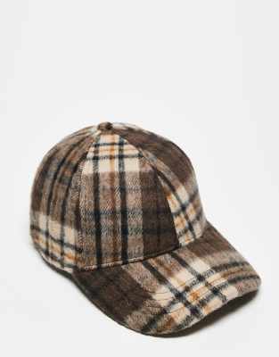 Reclaimed Vintage unisex cap in brown and yellow brushed check | ASOS