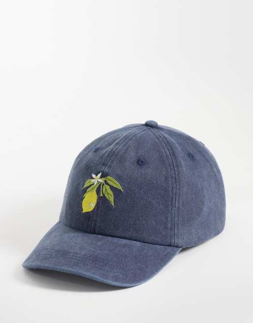 Reclaimed Vintage unisex cap with lemon and logo in washed blue