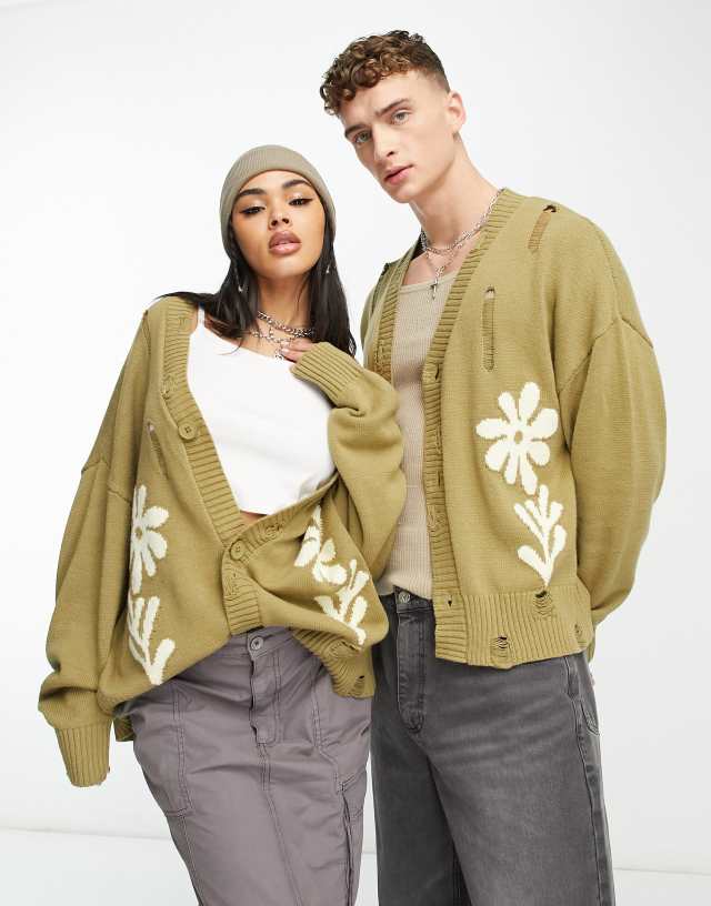 Reclaimed Vintage unisex cardigan with distressing and flower graphic in khaki
