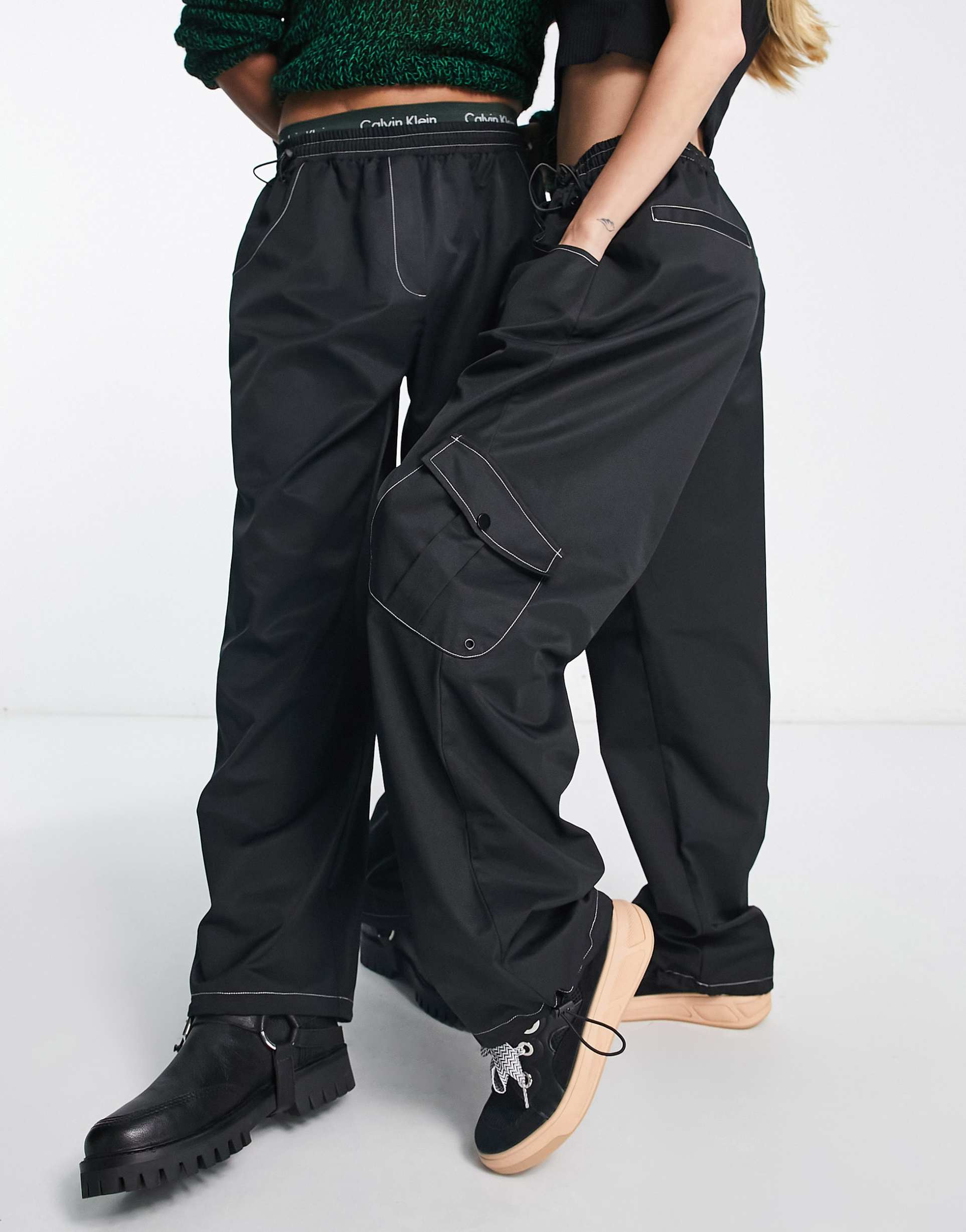 Reclaimed Vintage unisex cargo trouser in black with white stiching view 4