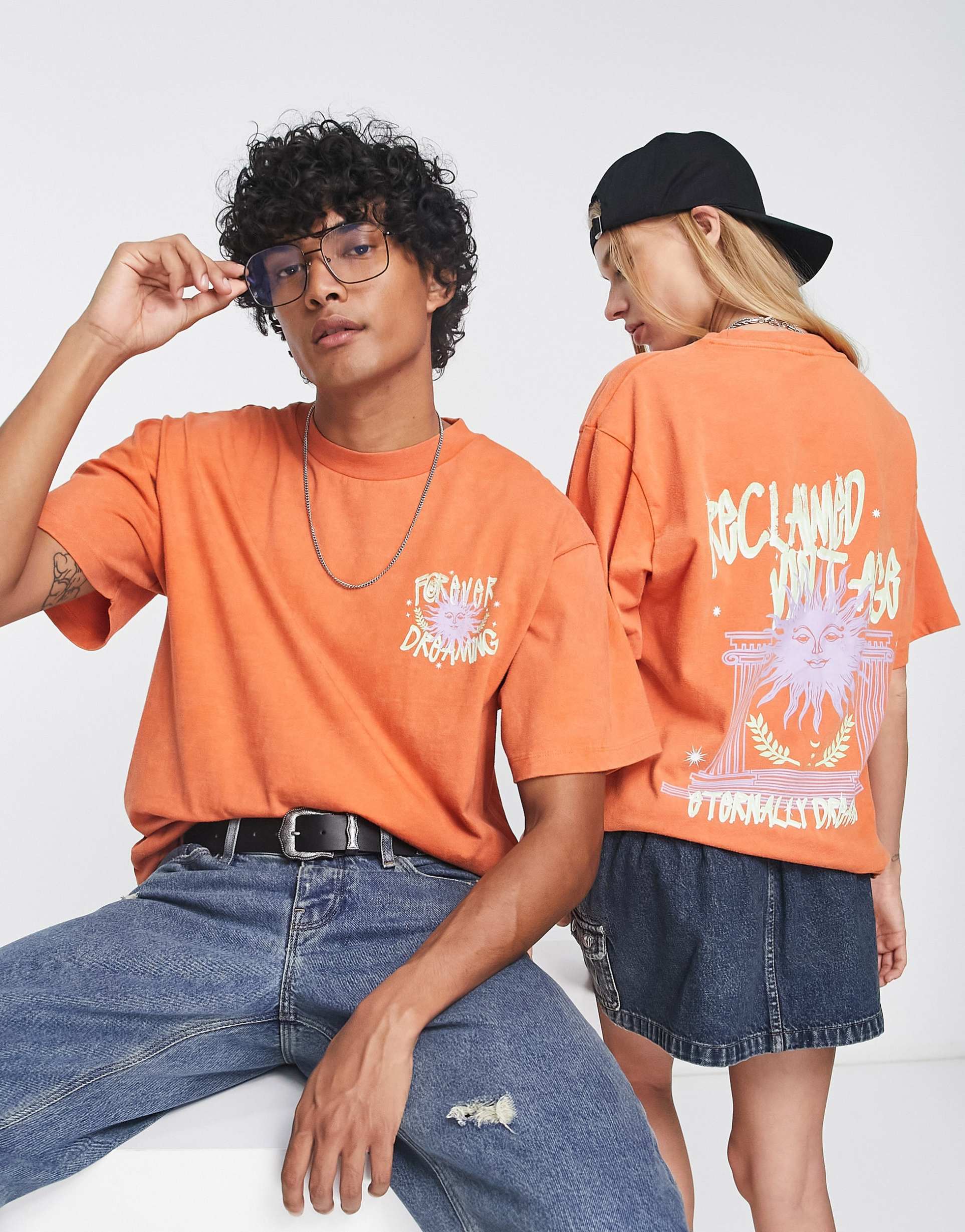Reclaimed Vintage unisex celestial dreams t-shirt in orange view 2