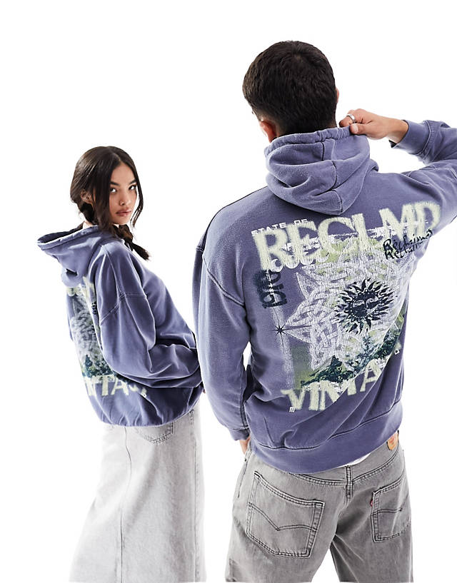 Reclaimed Vintage - unisex celestial graphic hoodie in washed navy