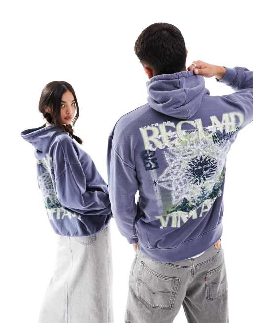Reclaimed Vintage unisex celestial graphic hoodie in washed navy