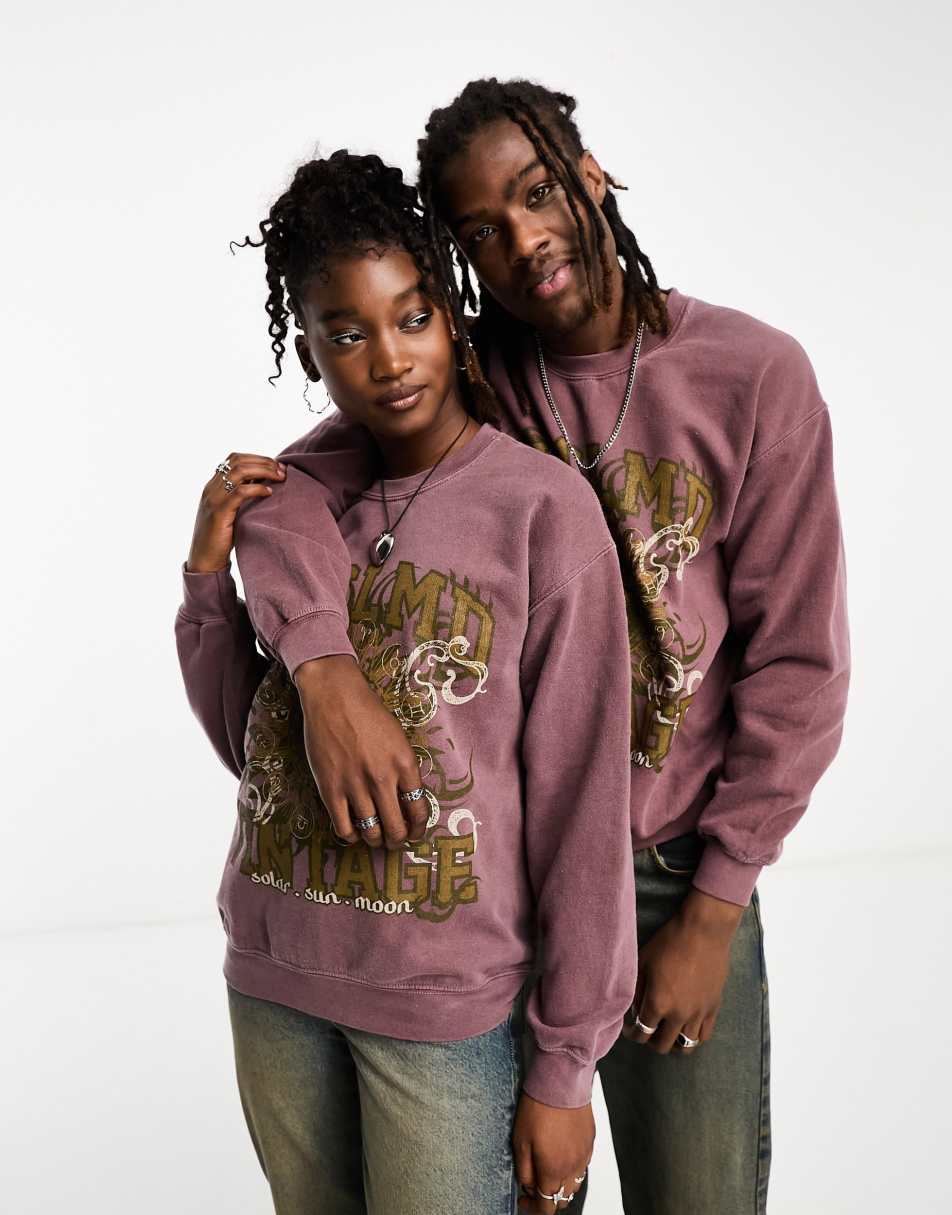 Reclaimed Vintage unisex celestial graphic sweat in burgundy