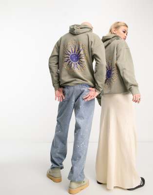 Reclaimed Vintage unisex celestial sun hoodie in washed khaki-Green