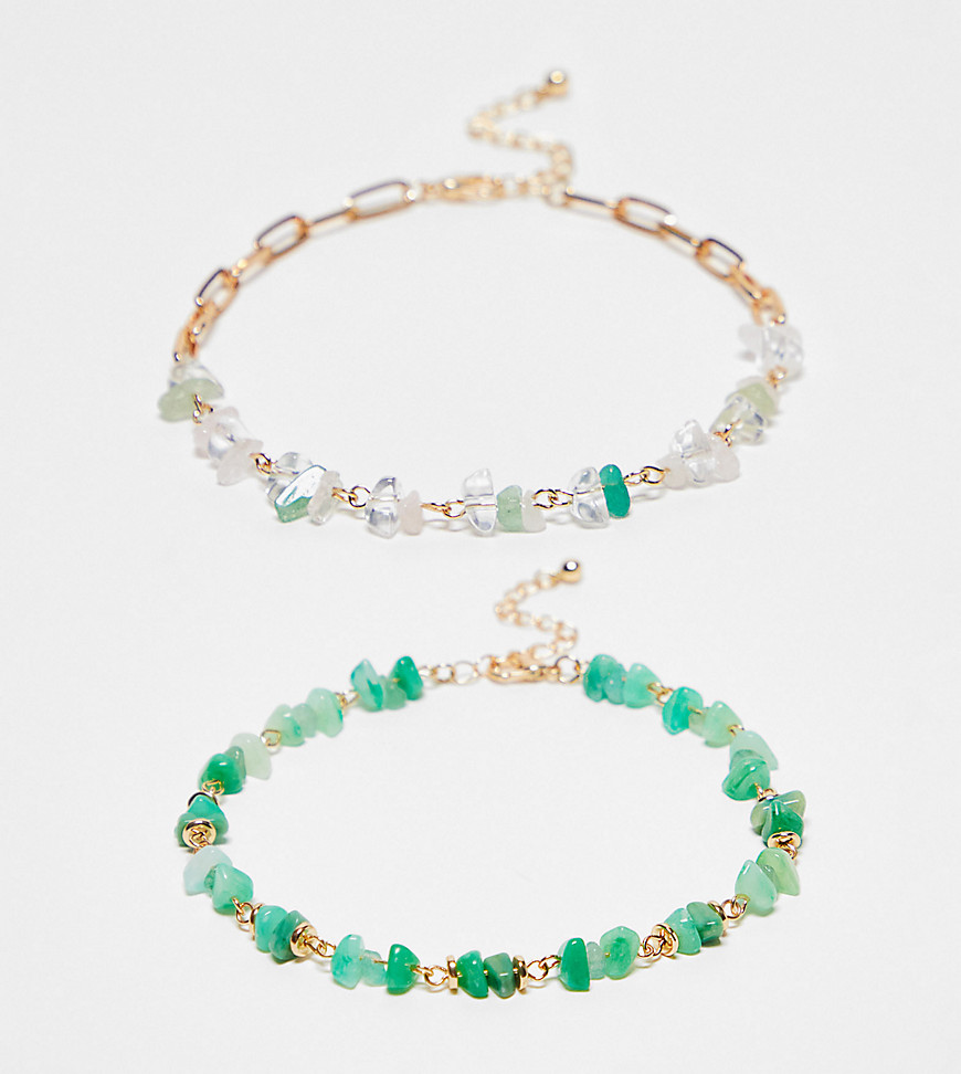 Reclaimed Vintage unisex chain anklet pack with green stones-Multi