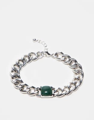 unisex chain bracelet with faux jade stone in silver