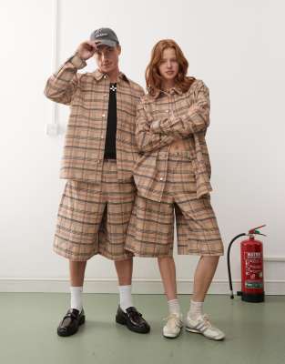 Reclaimed Vintage Unisex Check Cord Short - Part Of A Set-brown