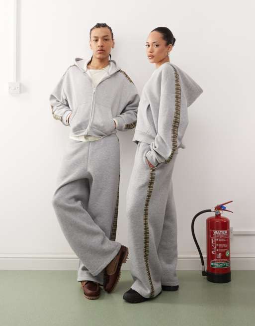 Reclaimed Vintage unisex check side stripe wide leg trackies in grey marl