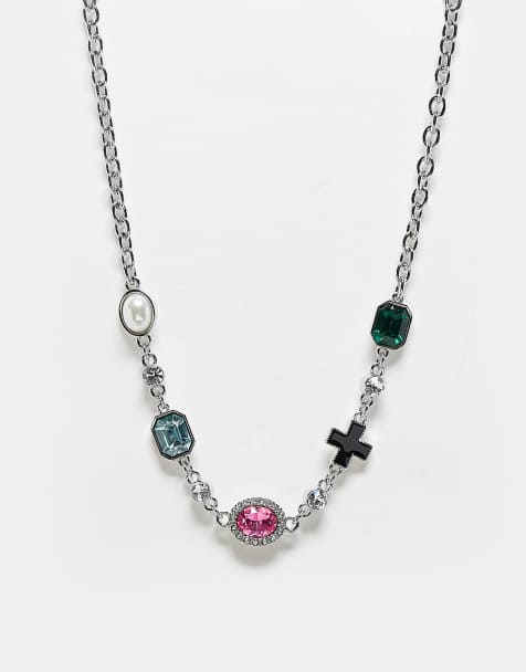 Reclaimed Vintage unisex choker necklace with colourful stones in silver - view 1