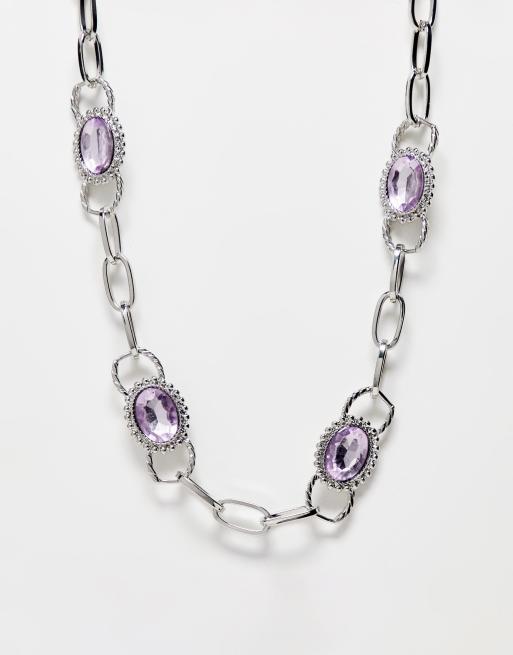 Reclaimed Vintage unisex chunky chain necklace with lilac stones in silver