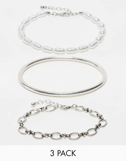 Reclaimed Vintage Unisex - Confezione da 3 bracciali con perle sintetiche e catenina color argento