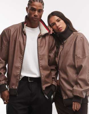 Reclaimed Vintage Unisex Contrast Rib Collar Distressed Faux Leather Bomber-grey In Brown
