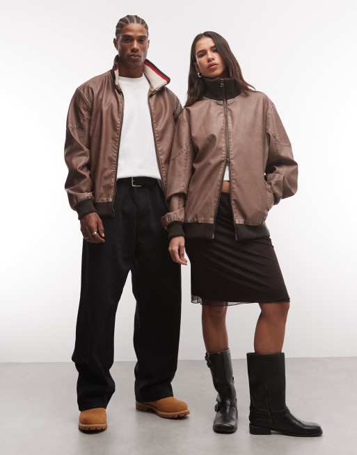 Reclaimed Vintage unisex contrast rib collar distressed faux leather bomber, 2 of 4