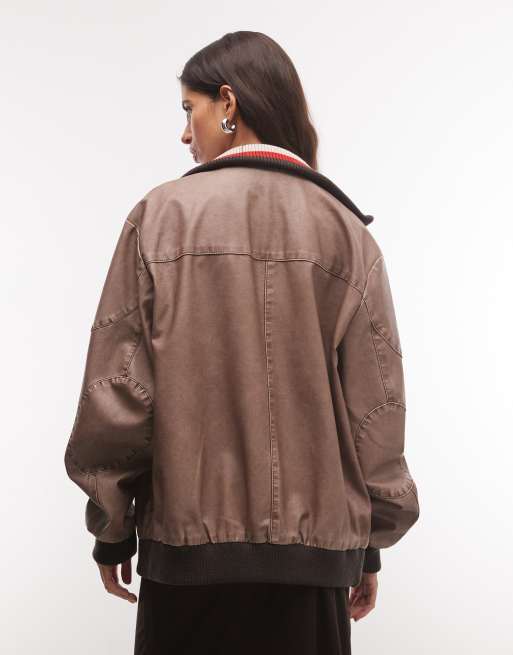 Reclaimed Vintage unisex contrast rib collar distressed faux leather bomber, 4 of 4