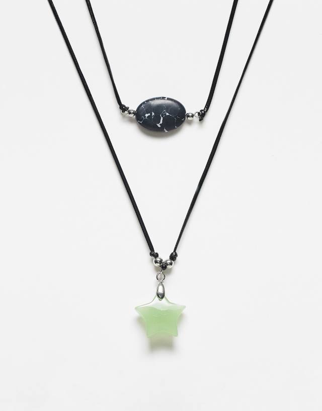 Reclaimed Vintage unisex cord 2 row necklace with green stones