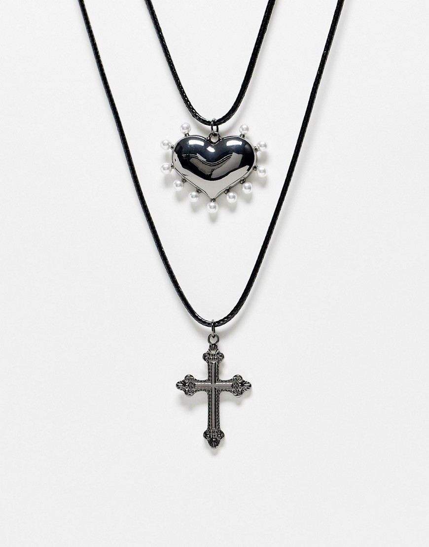 Reclaimed Vintage unisex cord 2 row necklace with heart and cross pendant-Multi