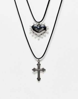 Reclaimed Vintage unisex cord 2 row with heart and cross pendant