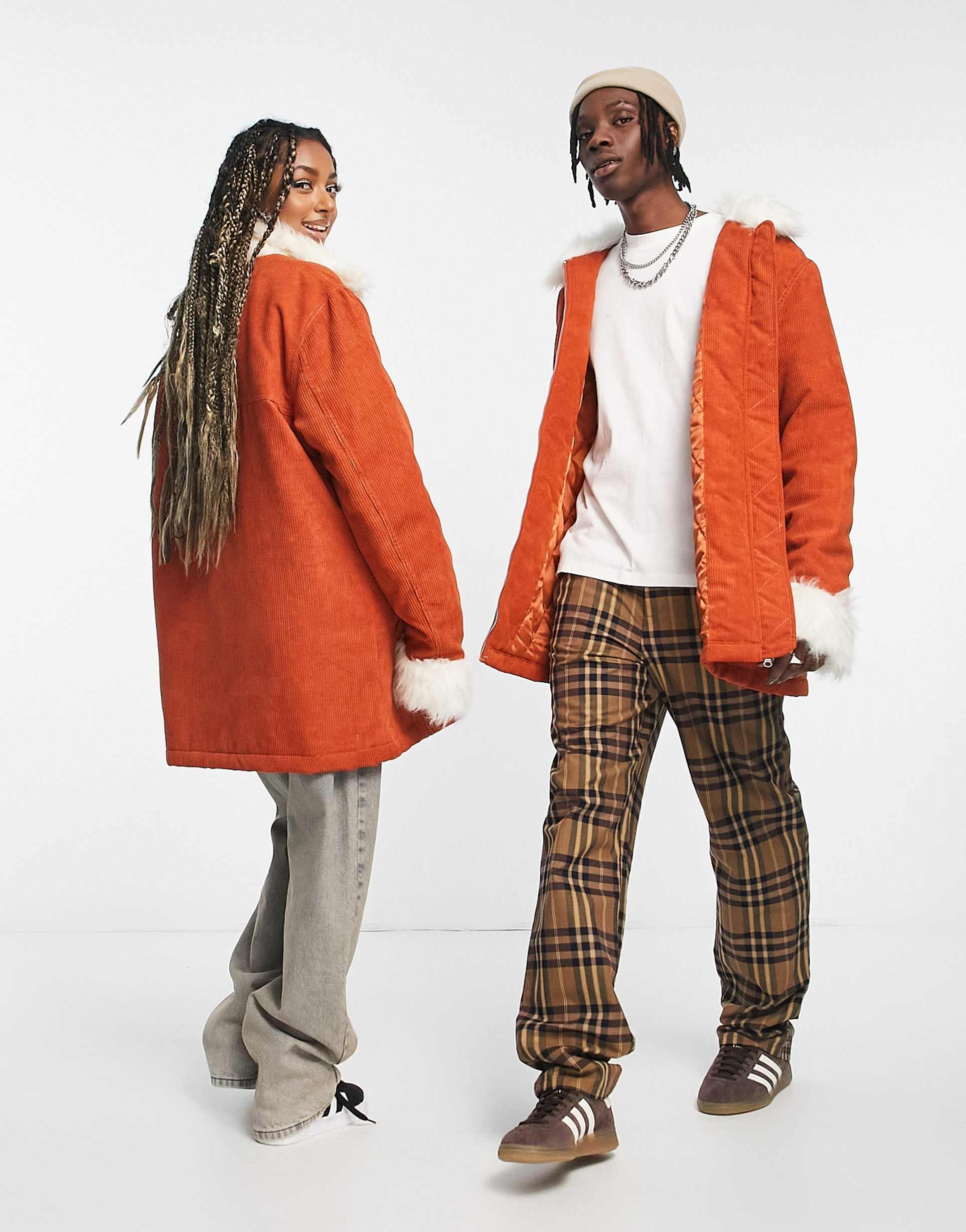 Reclaimed Vintage unisex cord afghan coat in rust with faux fur trim view 3