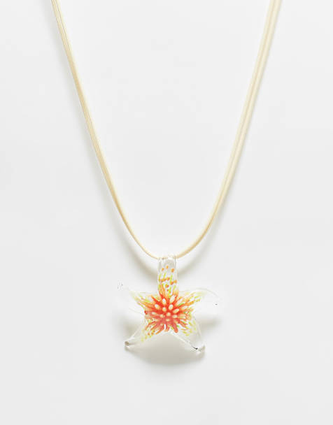 Reclaimed Vintage unisex cord necklace with starfish in orange and white - view 1
