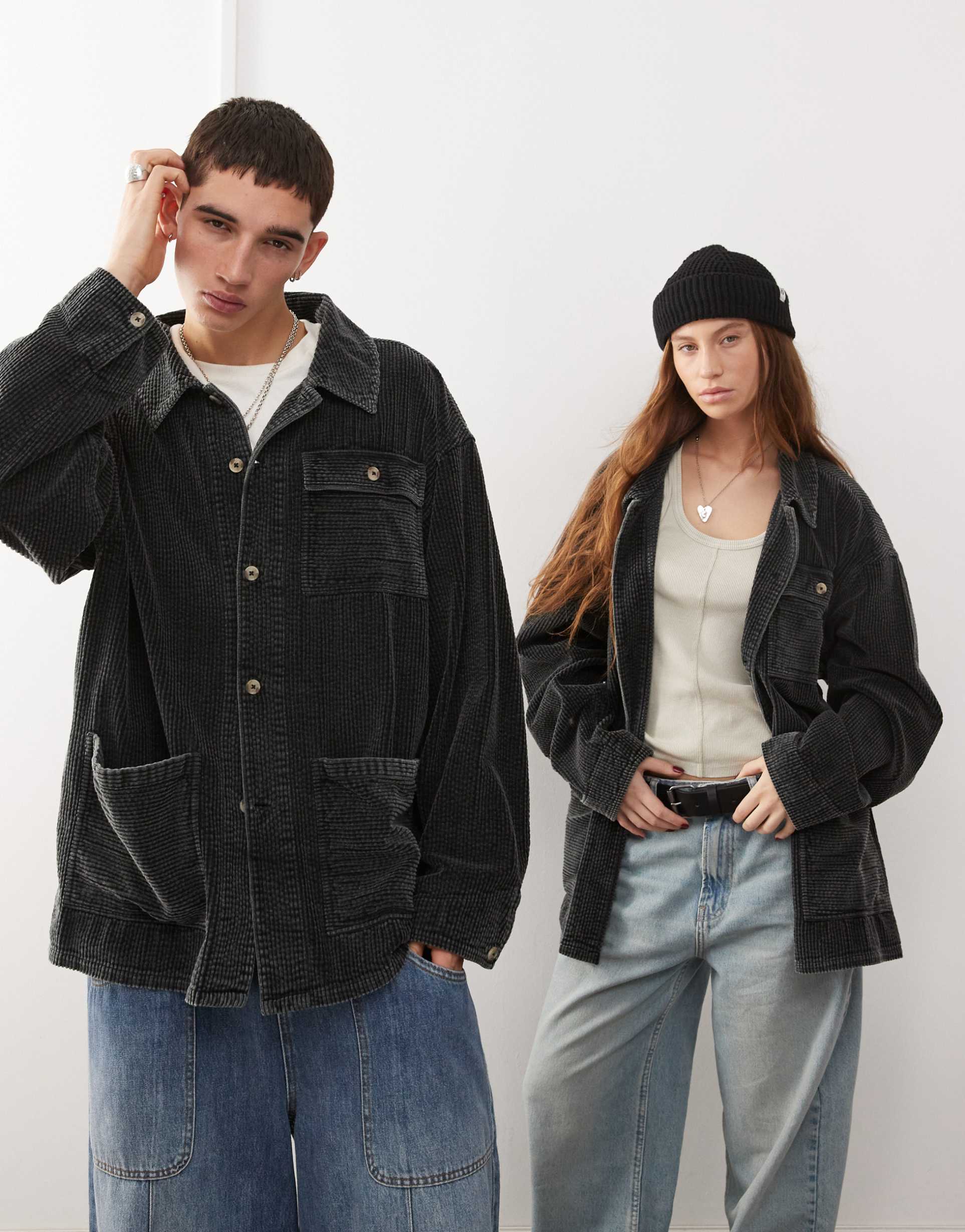 reclaimed vintage unisex cord shirt in black