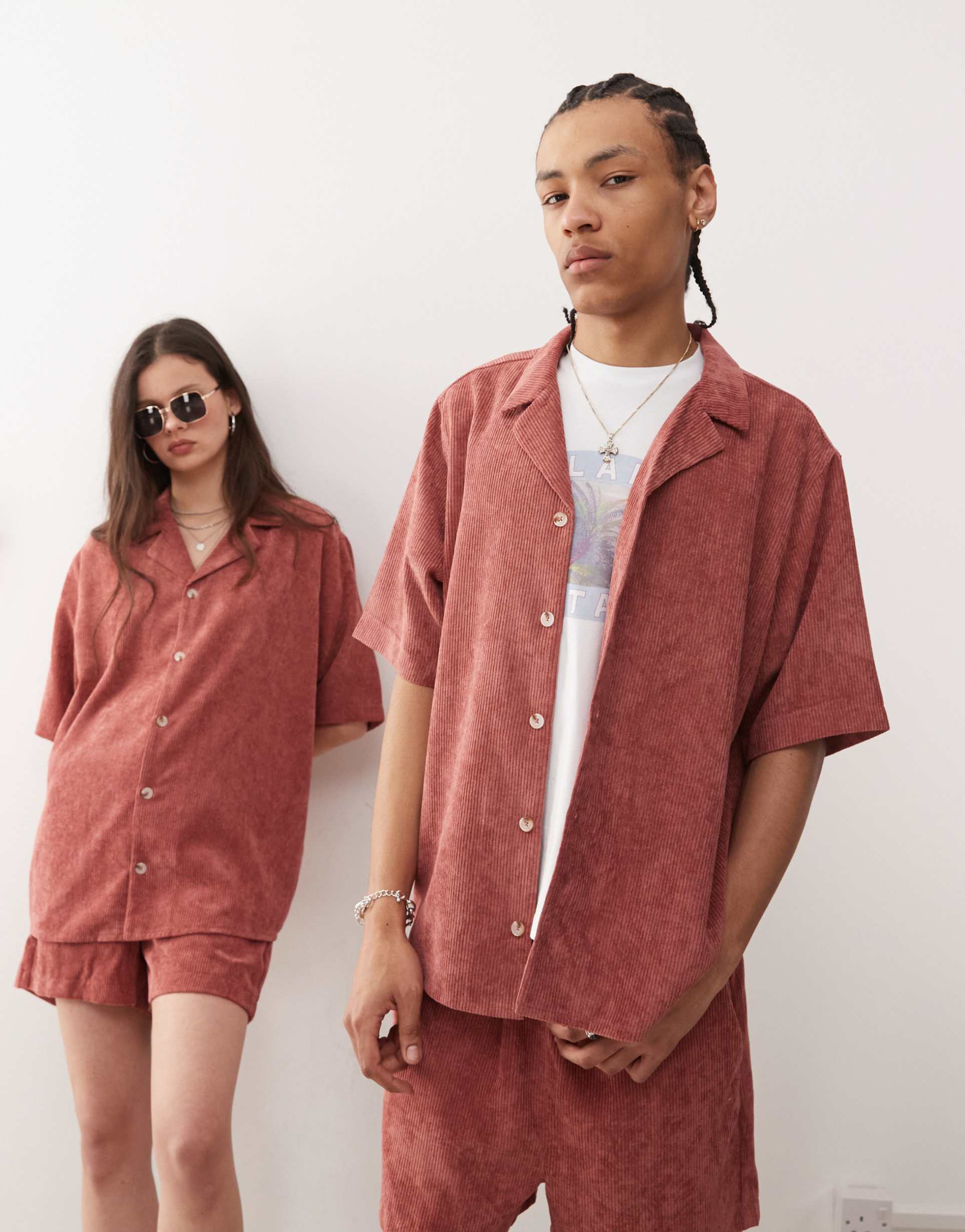 reclaimed vintage unisex cord shirt in pink