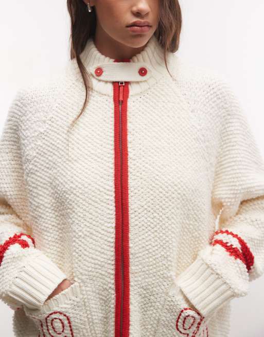 Reclaimed Vintage unisex cremefärgad flätstickad kofta med dragkedja och ståkrage, 3 av 4