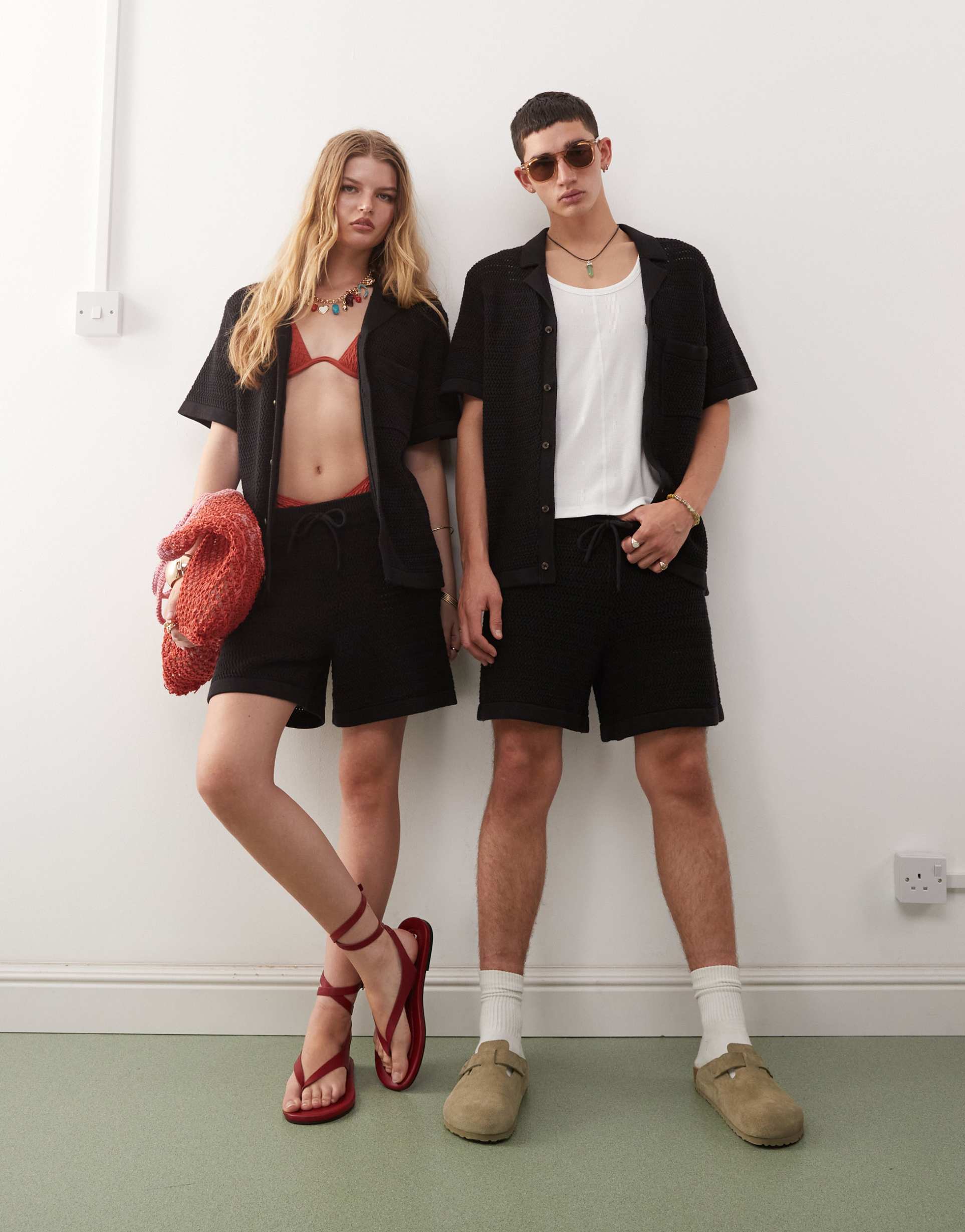 reclaimed vintage unisex crochet shorts in black - part of a set