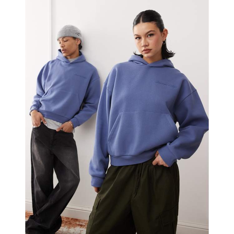 Reclaimed Vintage unisex cropped boxy hoodie in washed blue