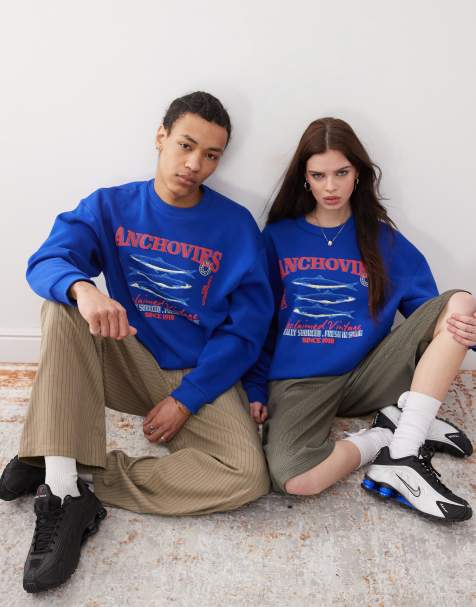 Reclaimed Vintage unisex cropped boxy sweatshirt with fisherman print in blue - view 1