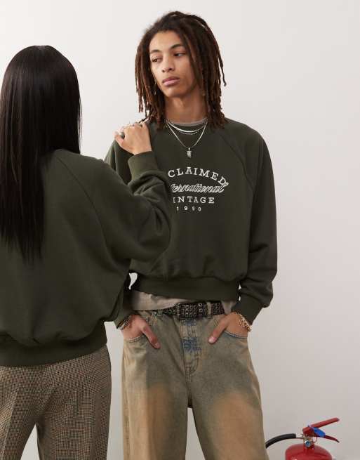 Reclaimed Vintage unisex cropped boxy sweatshirt with varsity logo in forest green ASOS