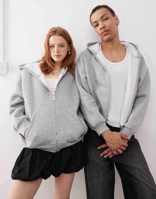 Reclaimed Vintage unisex cropped boxy zip through hoodie in gray heather