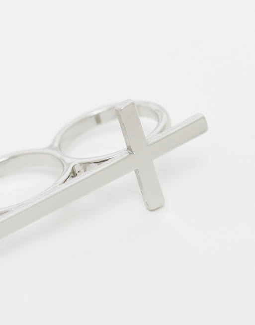 Reclaimed Vintage unisex cross double ring in silver