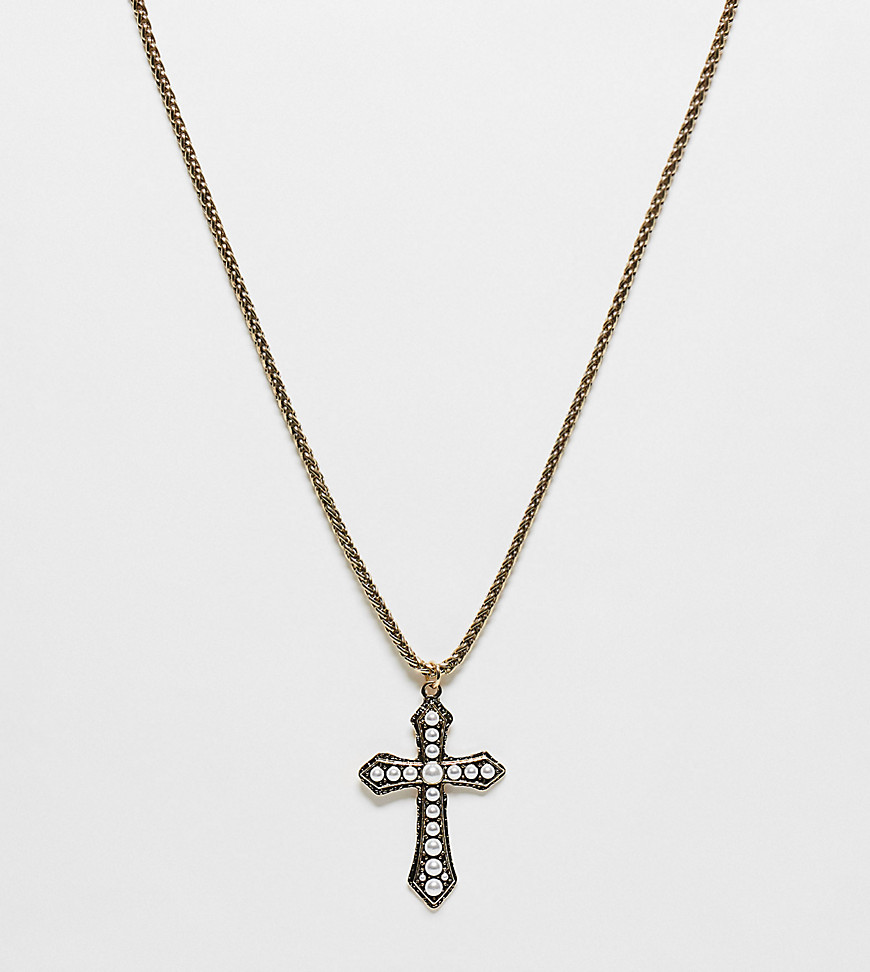 unisex cross necklace in gold with pearls