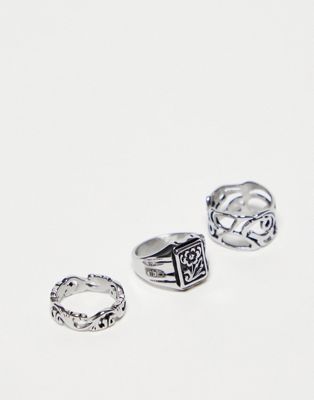 Reclaimed Vintage unisex cutwork burnished ring pack in stainless steel