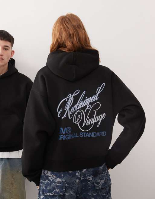 Reclaimed Vintage Unisex – Czarna bluza unisex o fasonie oversize z kapturem i grafiką na plecach