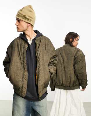 Reclaimed Vintage Unisex Distressed Oversized Bomber Jacket In Khaki-green