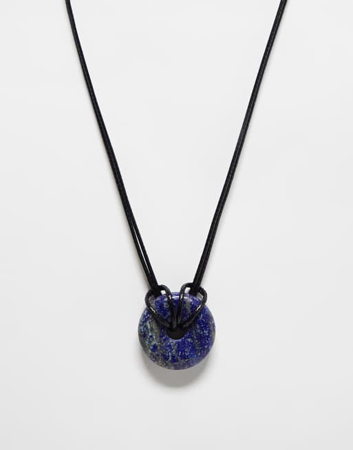 Reclaimed Vintage unisex donut stone necklace on cord in blue 