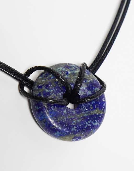 Reclaimed Vintage unisex donut stone necklace on cord in blue