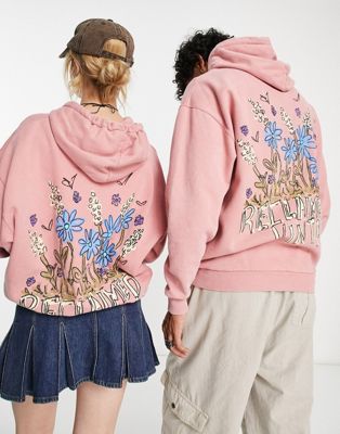 Reclaimed Vintage unisex doodle flower print hoodie in washed pink