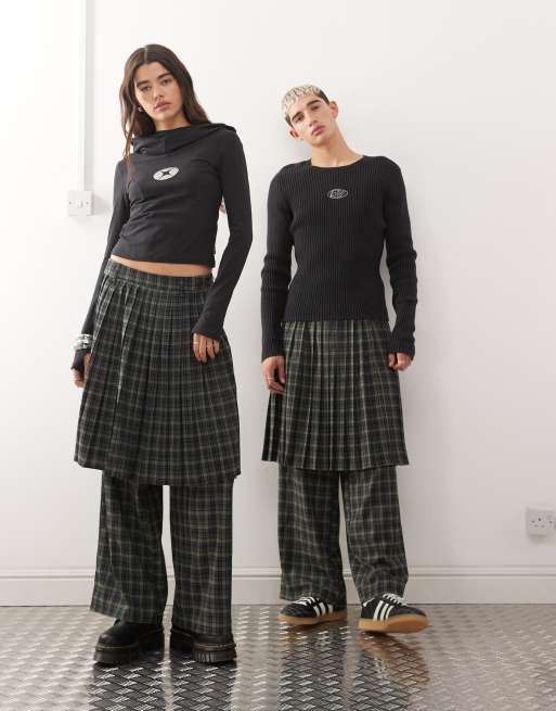 Reclaimed Vintage Unisex – Dopasowane spodnie w zielono-niebieską kratkę ze spódnicą 