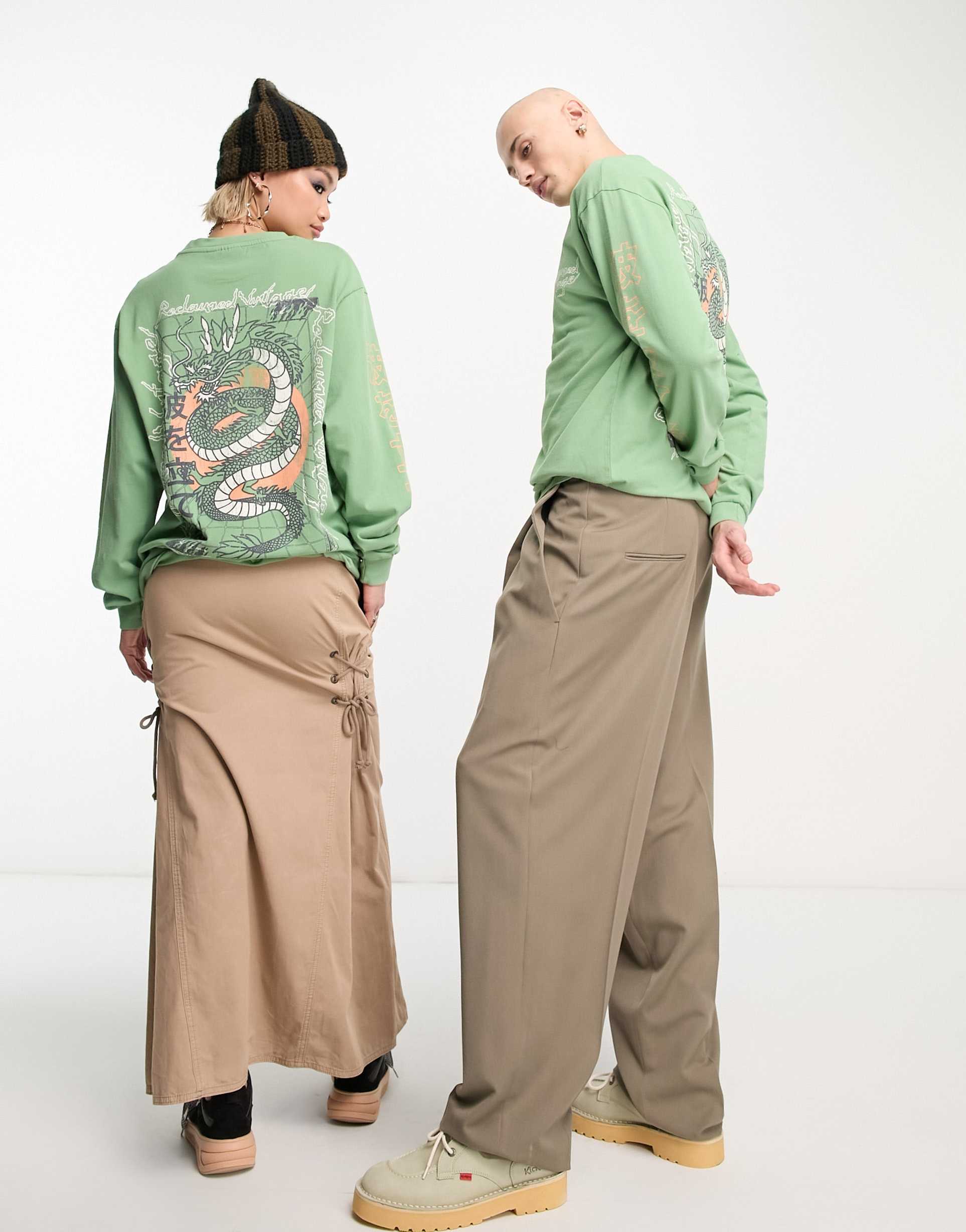 Reclaimed Vintage unisex dragon long sleeve skate t-shirt in khaki view 2
