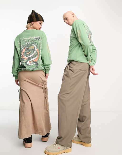 Reclaimed Vintage unisex dragon long sleeve skate t-shirt in khaki