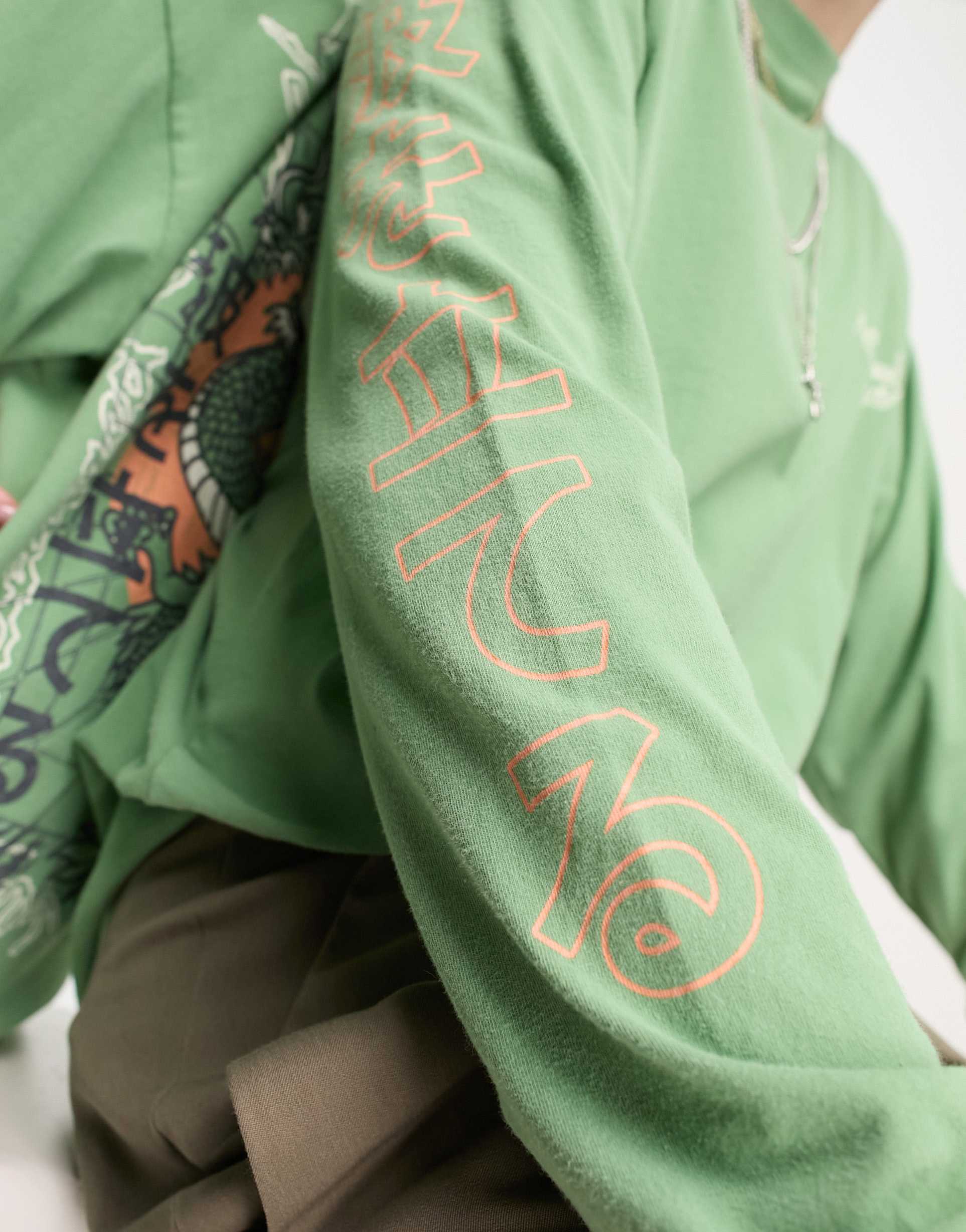 Reclaimed Vintage unisex dragon long sleeve skate t-shirt in khaki view 3