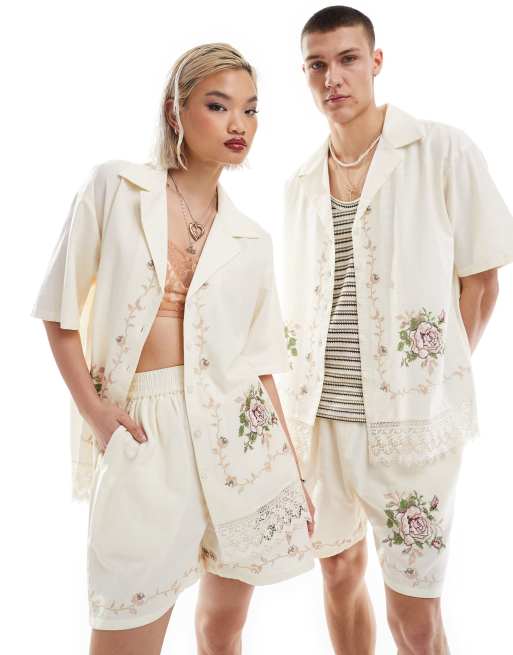 Reclaimed Vintage Unisex - Edizione limitata - Camicia con ricamo e dettaglio in pizzo