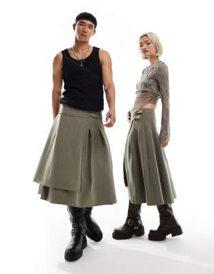 Reclaimed Vintage - Unisex - Eleganter Kilt-Rock in Olivgrün mit Schnalle, Kombiteil-Grau