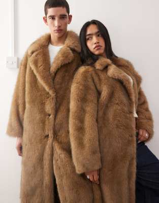 Reclaimed Vintage Unisex Faux Fur Maxi Coat In Brown