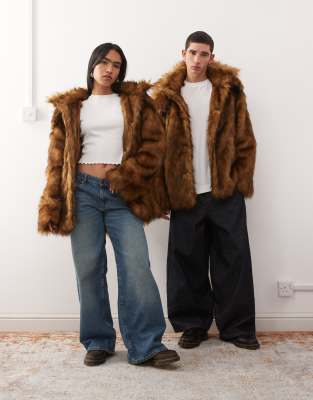 Reclaimed Vintage Unisex Faux Fur Oversized Hooded Jacket In Brown