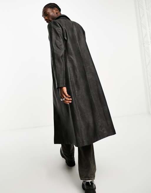 Mens black faux leather trench coat clearance